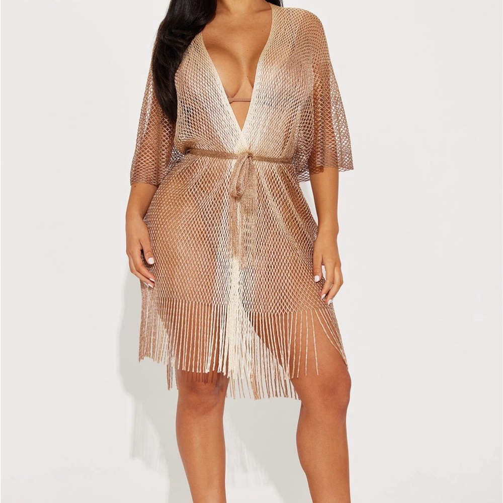 Fashion Nova Touch Of Sun Fringe Cover Up Kimono - Gold - Size OS (One Size)